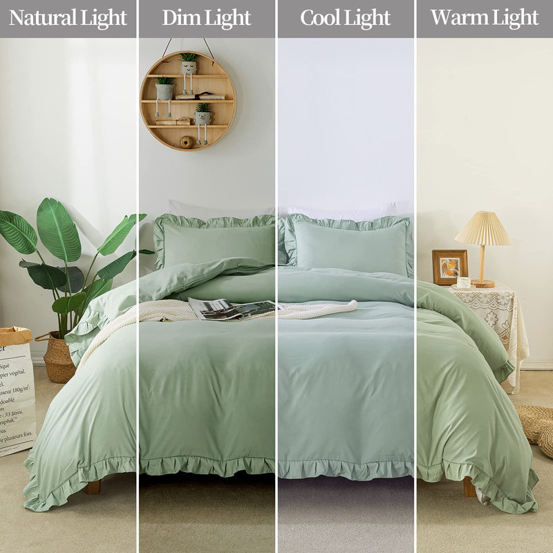 Housse de couette Andage vert sauge complète (79 x 90 pouces), housse de couette à volants de style campagnard 3 pièces et 2 taies d'oreiller, ensemble de housse de couette en microfibre douce avec fermeture à glissière et attaches de coin