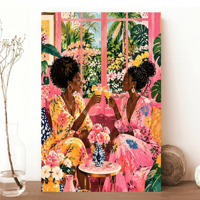 Canvas Wall Art Two Women Toasting In Pink Floral Garden Room Art Vintage Poster Print Home Decor