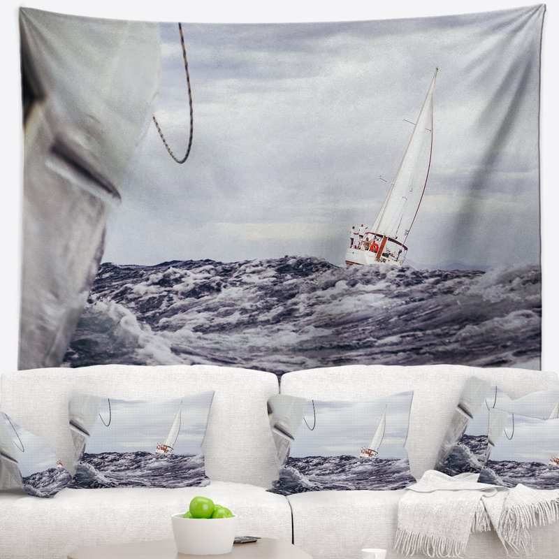 Paysage marin tempête en navigation tapisserie, H 32 po x l 39 po