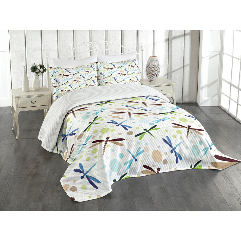 Ambesonne Dragonfly Bedspread Set Colorful Bubble Shape Multicolor, King Bedspread + 2 Standard Shams