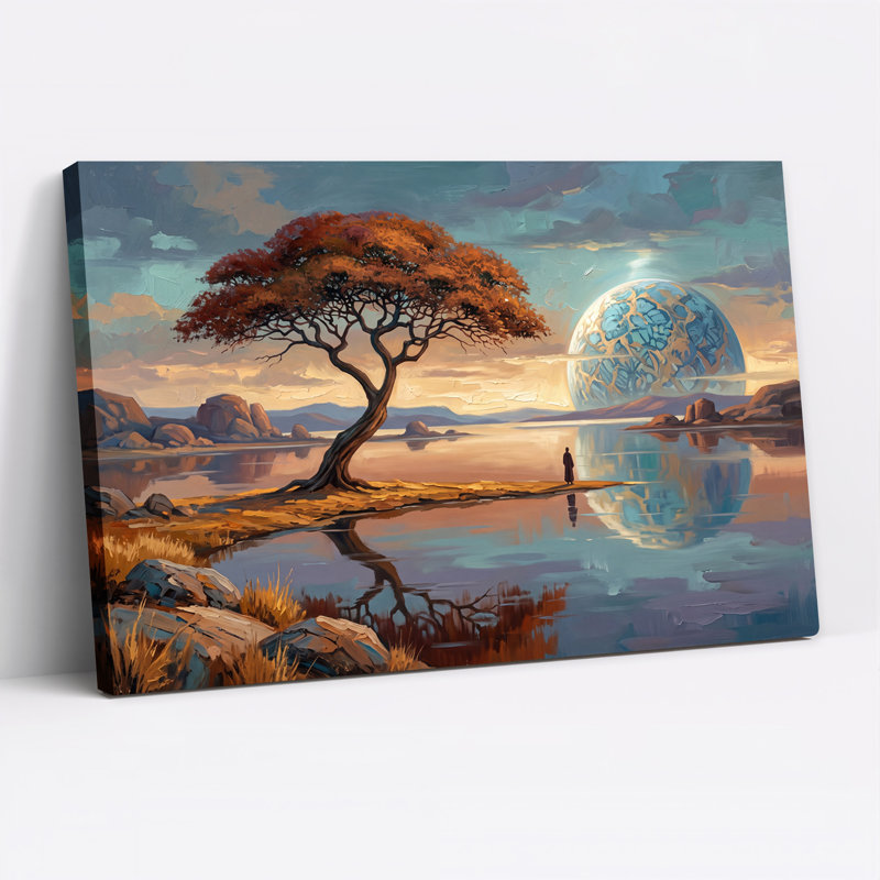 Tableau sur toile représentant un arbre solitaire et une lune géante à motifs sur un lac, H 32 po x l 48 po