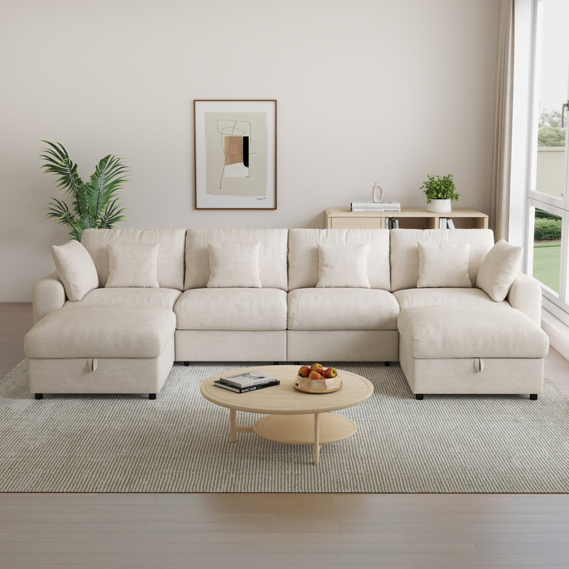 Canapé d'angle modulaire moderne en chenille de 141 pouces avec 2 poufs de rangement, Chenille beige