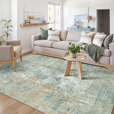 Modern Abstract Washable Rug In Blue/Gold