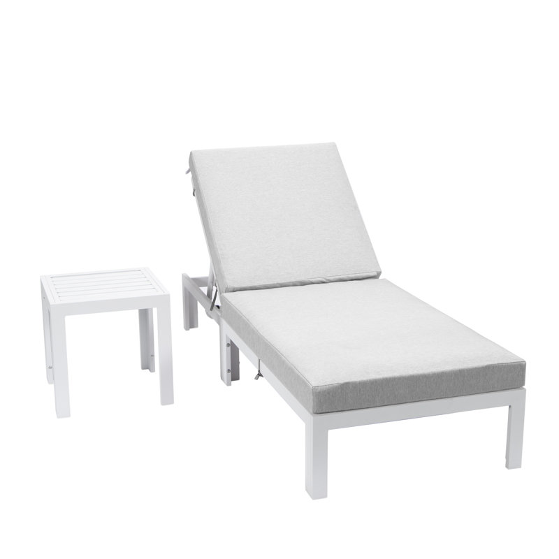 Chelsea Outdoor Metal Chaise Lounge with Table , Cushion Included, Light Gray, White