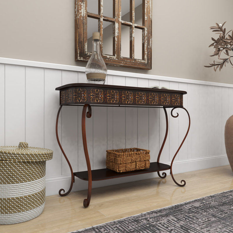 Metal Embossed 1 Shelf Floral Console Table with Ornate Scroll Legs