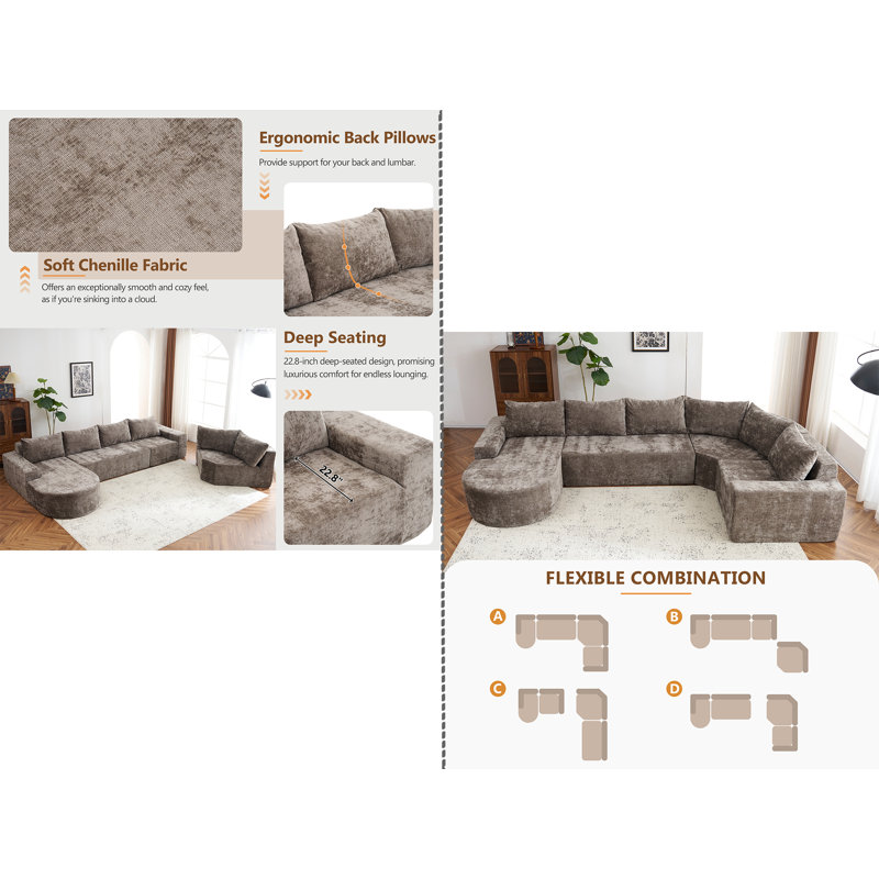 141.7" Oversized Modular Sofa, Brown