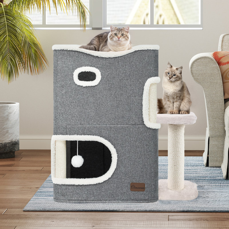 Gray 2-Storey Modern Cat House with Scratch Post and Hideaway Cave