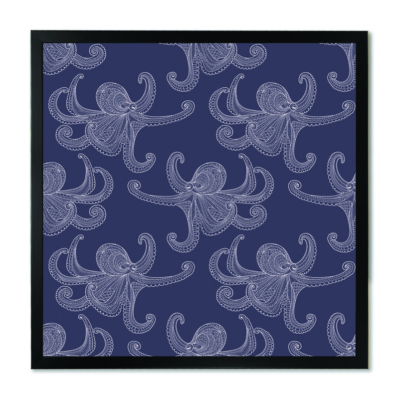 «White Octopus On Dark Blue», reproduction d'art sur toile, H 36 po x l 36 po, Cadre photo noir