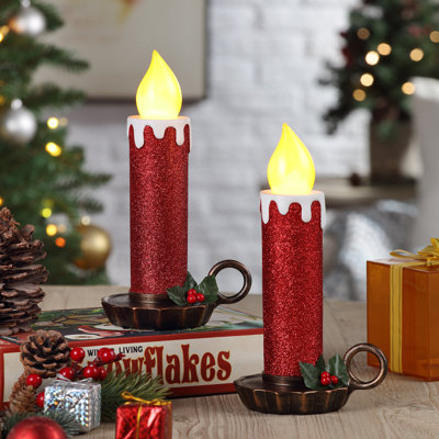 10" Flickering LED Resin Glittery Candles - Red