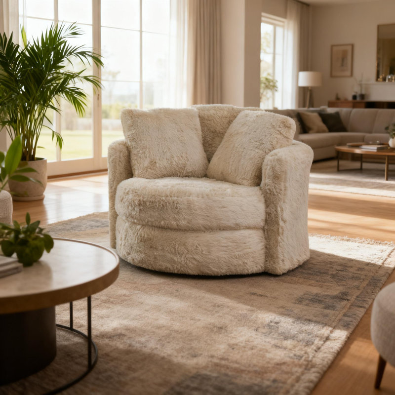 Fauteuil rond de style contemporain avec accoudoirs courbés et accoudoirs courbés de style contemporain avec coussins décoratifs crème / beige