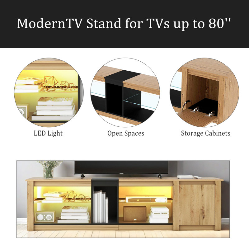 Meuble télé moderne pour téléviseur de 80 po ou moins, console multimédia avec rangement multifonctionnel, centre de divertissement avec lumière DEL, meuble télé pour le salon, chambre à coucher
