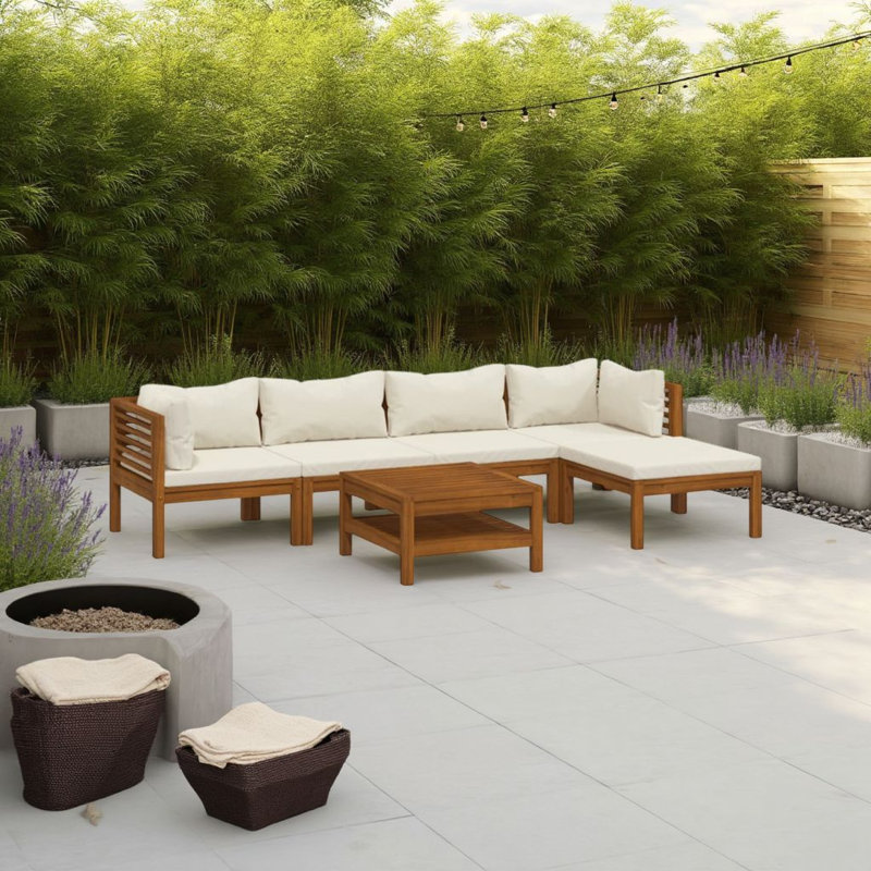 Ensemble de canapé modulaire d'extérieur 6 pièces, table basse, ivoire, bois d'acacia brun