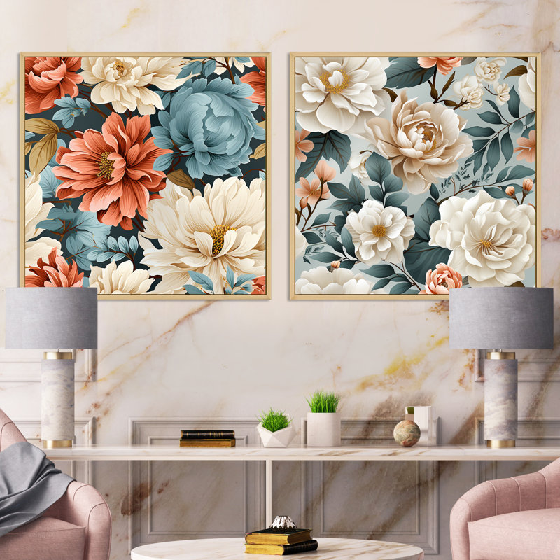 Keila - Ensemble de 2 collages carrés floraux, H 16 po x l 33 po, Cadre flottant brun