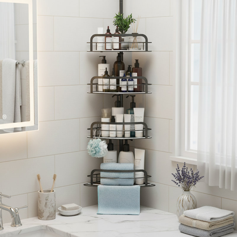 Support de douche à 4 niveaux pour poteau de tension, support de rangement réglable pour tablette de coin