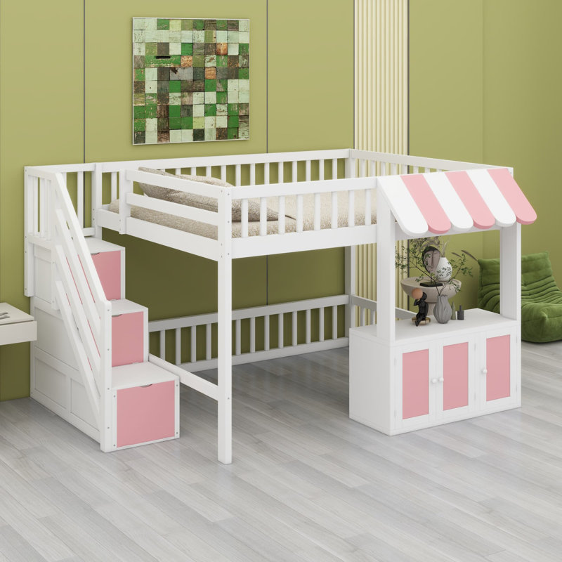 Loft Bed with Built-In Stairs, Lit double, Blanc + rose