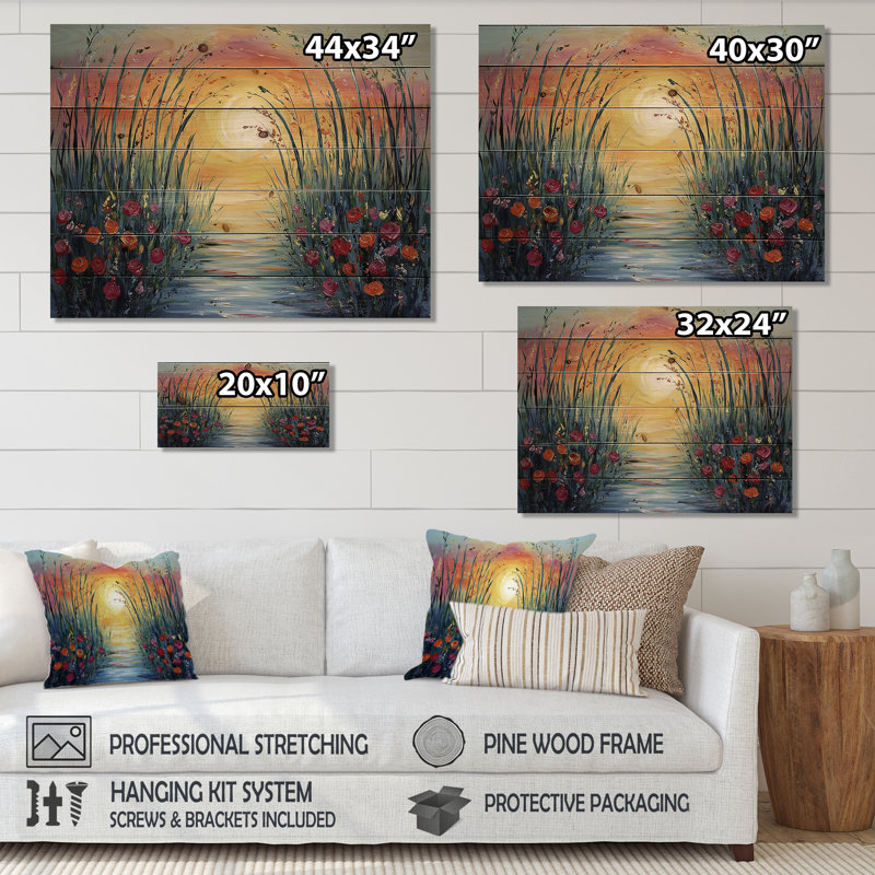 Sunset Wildflowers Blossoms In The Wild III - Bamboo Wood Print - On Natural Pine Wood, 24" H x 32" W x 0.78" D