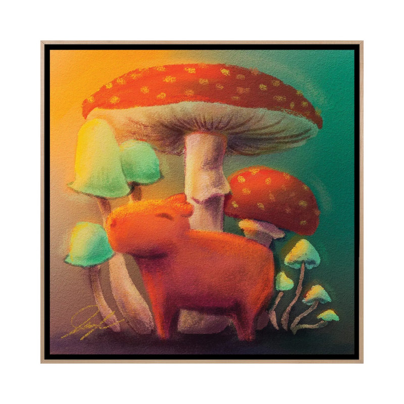 Capybara et champignons - reproduction d'art murale - toile encadrée, 26 po x 26 po, Toile avec cadre, Beige