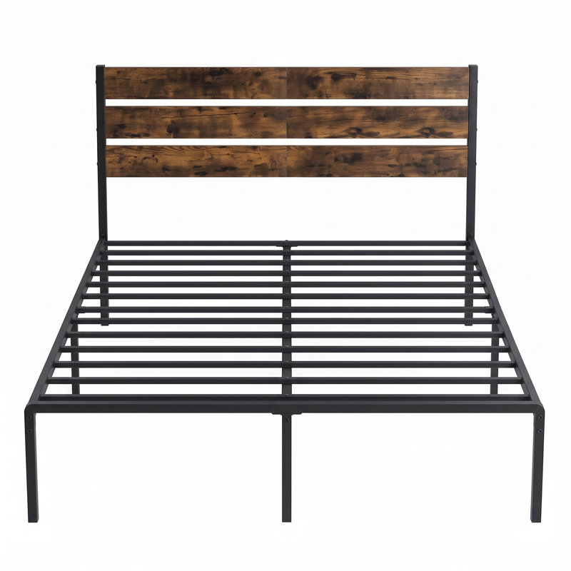 Lit Kempst de 42,5 po avec tête de lit en bois rustique rétro, Double, Brun