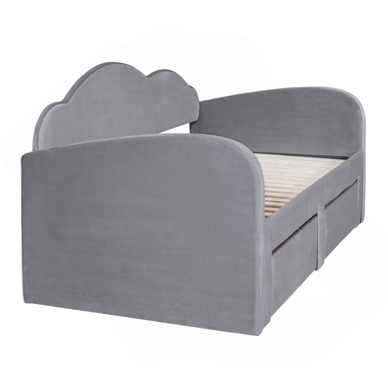 Lit de jour simple rembourré avec dossier en forme de nuage, lit gigogne, 2 tiroirs et ports USB, Gris