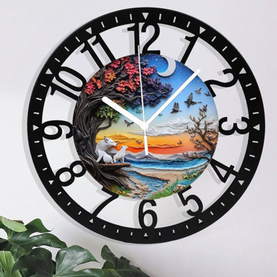 Metal Wall Clock for Living Room -10" Wolves Under Tree Moon Sunset Ocean Silent Non Ticking,Battery Operated, Antique Clocks for Farmhouse,Bedroom,Kitchen - Arabic Numerals