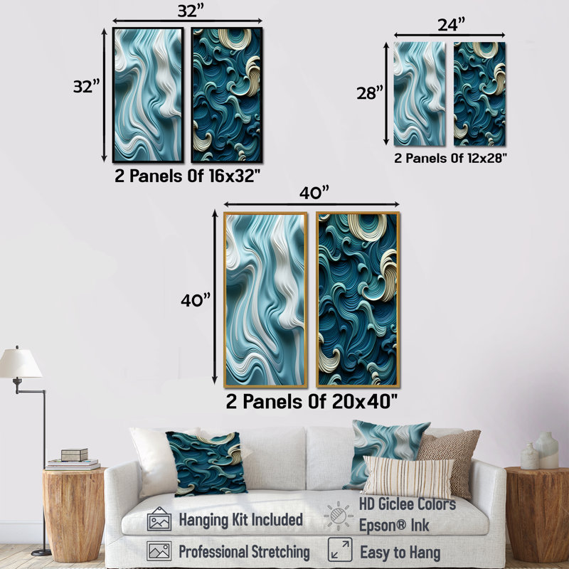 «Blue and White Wave Tiles Impressions I - Abstract Modern Waves», ensemble de 2 reproductions d'art mural, Toile tendue