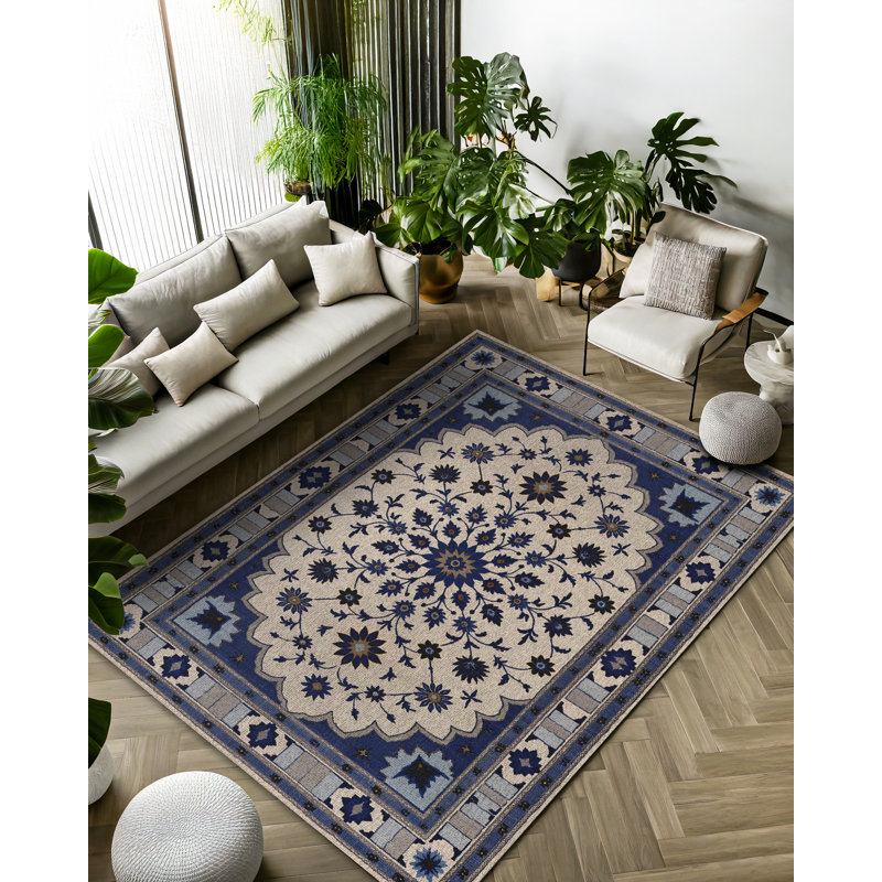 Tapis bleu marine en coton et polyester à imprimé numérique Armend Collection, Rectangle 3 pi 4 po x 5 pi