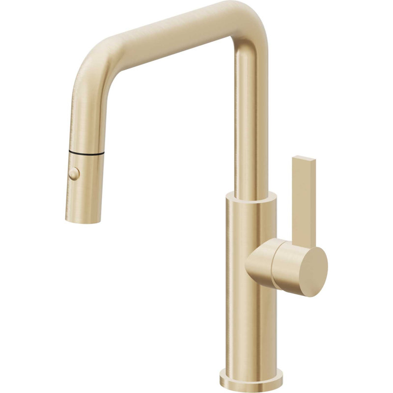 Corsano Contemporary Pull Down Kitchen Faucet with Button Sprayer Quad Spout and FB Series Handle, Polished Brass