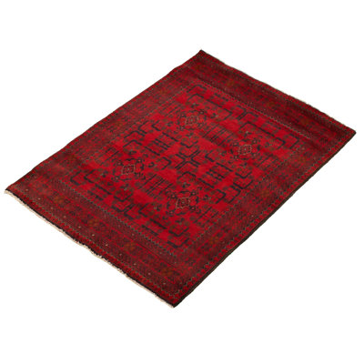 Tapis unique en laine noué à la main style Esari Turkoman des années 2010 de 3 pi 7 po x 4 pi 11 po rouge Quantesha