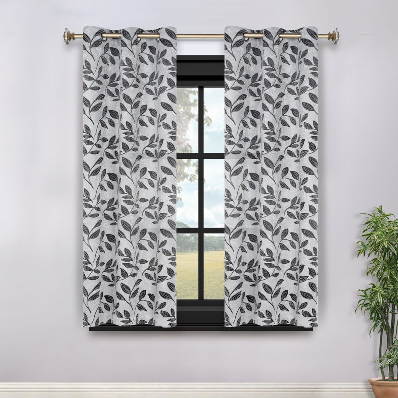 Finklea Floral Pattern Polyester Light Filtering/Room Darkening Rod Pocket Curtain Panels, Nickel Black, 42" W x 63" L