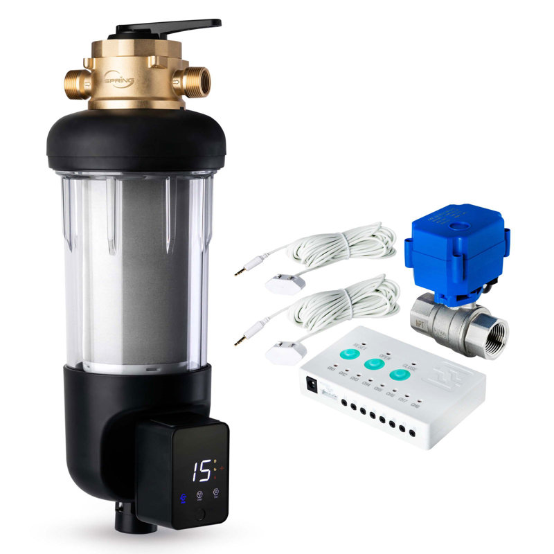 Filtre à eau iSpring à rinçage automatique des sédiments avec dérivation, préfiltre réutilisable à écran tactile de 50 microns de taille jumbo, avec système d'alarme de détecteur de fuite d'arrêt automatique (Modèle: WSP50ARJ-BP)