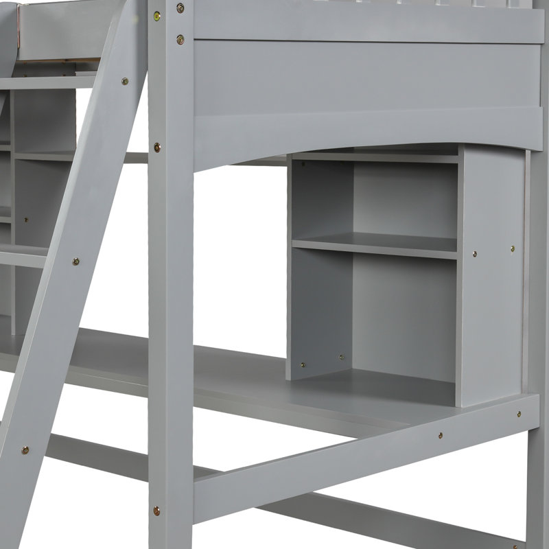 Twin Loft Bed With Desk And Shelves - Grey For A Comfortable Study Space Generous Shelving Space. Solid Build. Maximize Bedroom Storage. Fits Standard Mattress