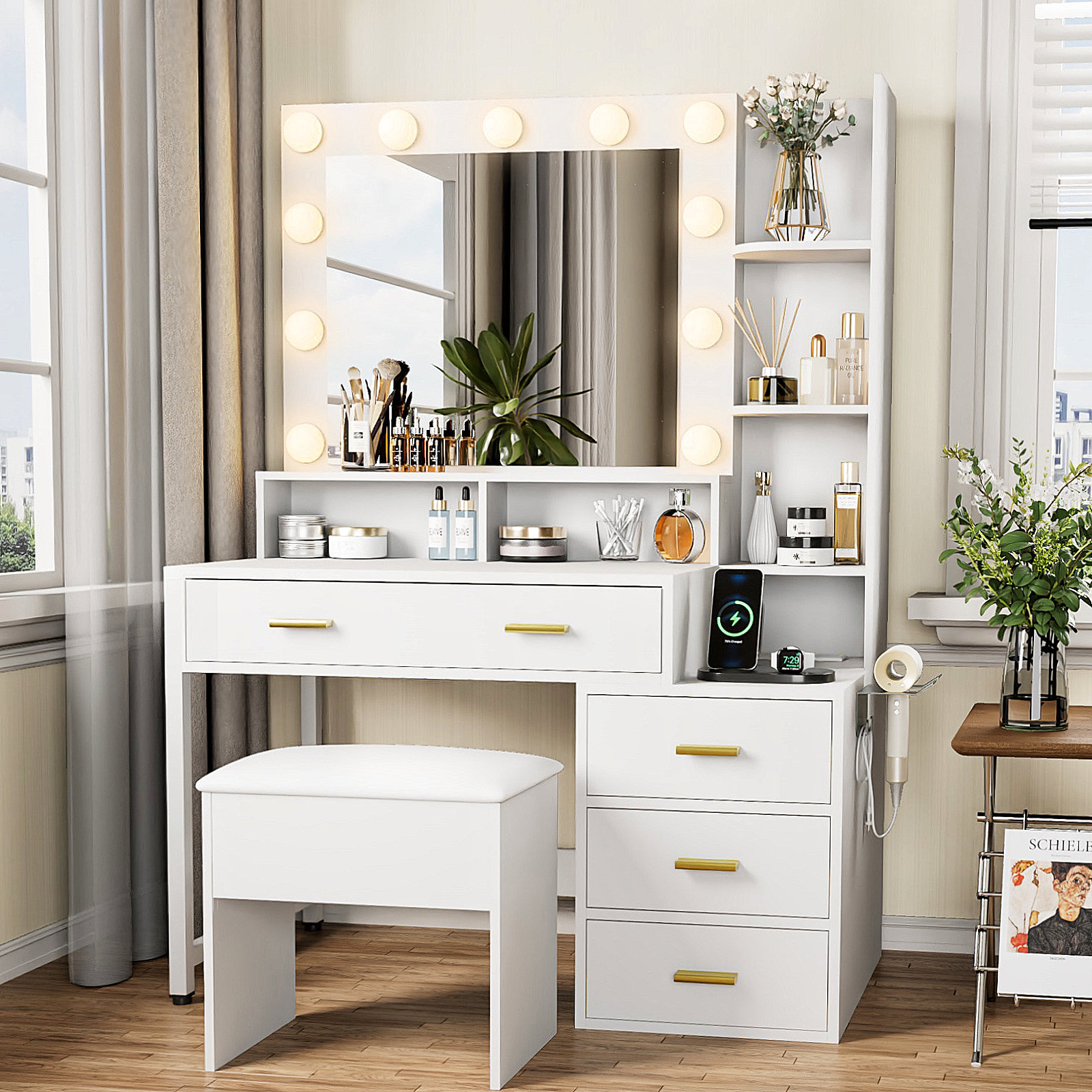 Latitude Run® Makeup Vanity Desk with Vanity stool Mirror Lights Power