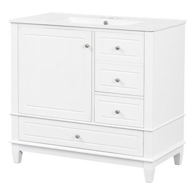 36" Bathroom Vanity With Ceramic Sink, Mdf & Solid Wood Base, 3 Drawers & Cabinet With Shelves, White Painted Finish, Freestanding Vanity Cabinet With 4-inch Faucet Holes