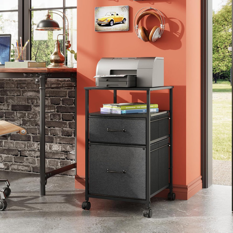 2 Drawer Mobile File Cabinet, Fabric Vertical Filing Cabinet With Open Storage Shelf,Rolling Printer Stand, Black