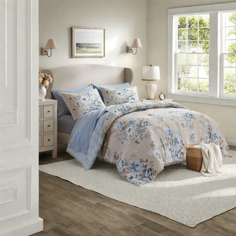 Ensemble de literie élégant 7 pièces, édredon en polyester à motif floral, beige et bleu, grand