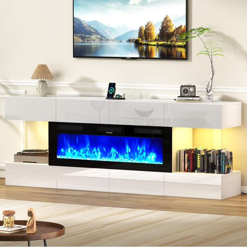 Meuble télé 82 po avec prise de courant, grande console multimédia avec foyer de 50 po, centre de divertissement à DEL ultrabrillant moderne avec 8 tiroirs de rangement sans poignée