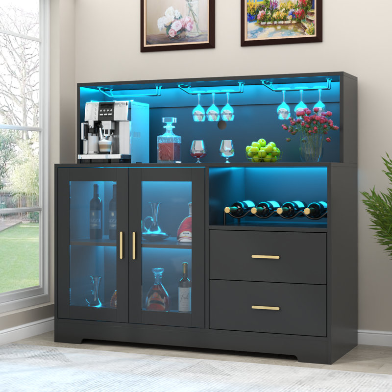 Heugel Wine Bar Cabinet with LED Light, Home Coffee Cabinet with Wine and Glass Rack, Black
