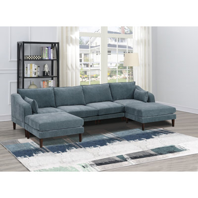 Modern Gorgeous Mineral Morgan Fabric 6Pcs Modular Sectional Set Armless Chairs One Arm Chair Ottoman U-Shaped Couch Living Room