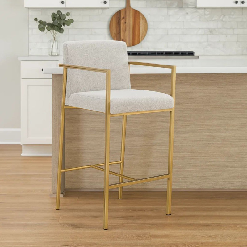 Tabouret rembourré de 40 po de hauteur moderne, tissu blanc, structure en laiton
