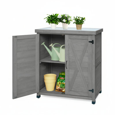 Banc de rempotage extérieur avec rangement et table en métal, poste de travail gris, design, pour balcons, garages
