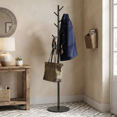 Portemanteau réglable en hauteur avec structure en métal fritté pour le hall d'entrée, étagère de rangement incluse, porte-manteau pour sacs à main, crochets multiples pour manteaux et chapeaux