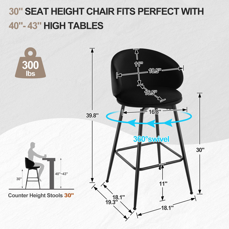 Swivel Upholstered Counter Height Bar Stools, Bar Stool (30" Seat Height), Black, 2