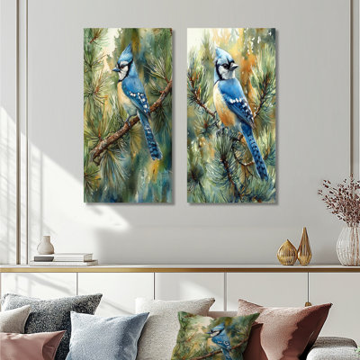 «Blue Jay parmi les pins», art mural 2 pièces