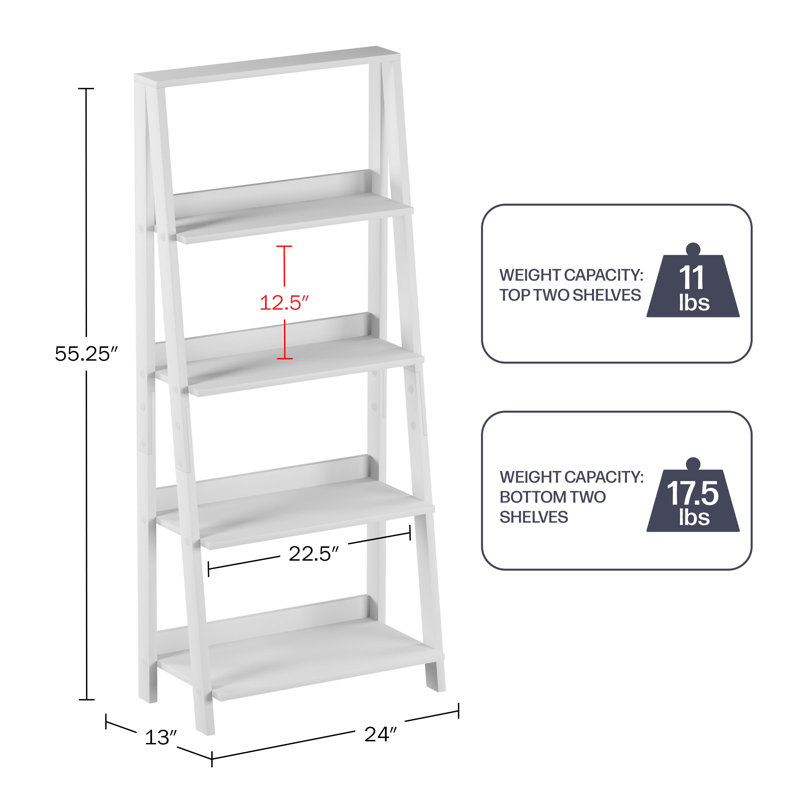 Lavish Home 24"L  x 13"W x 55.25"H 4-Tier Leaning Ladder Bookshelf, White, (4 Shelves) 55.25"H x 24"W x 13"D, White