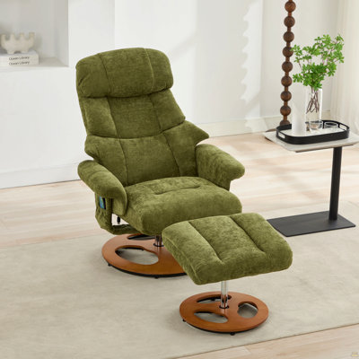 069DR-Fauteuil inclinable ergonomique avec repose-pieds, méridienne moderne pivotante à 360 ° avec repose-pieds, tissu chenille, massage par vibration à 5 points, siège chauffant et dossier réglable à 140 ° pour le bureau personnel, vert