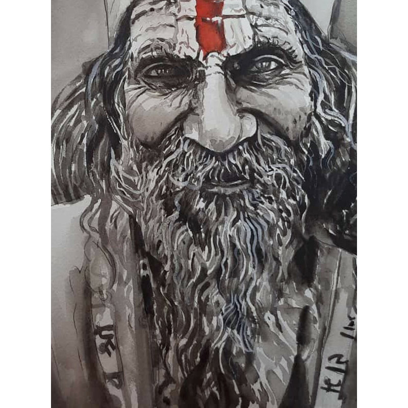 Aquarelle, portrait de Saint Aghori sur papier par Priya Ghosh - art mural tantrique mystique, décor ascétique spirituel indien