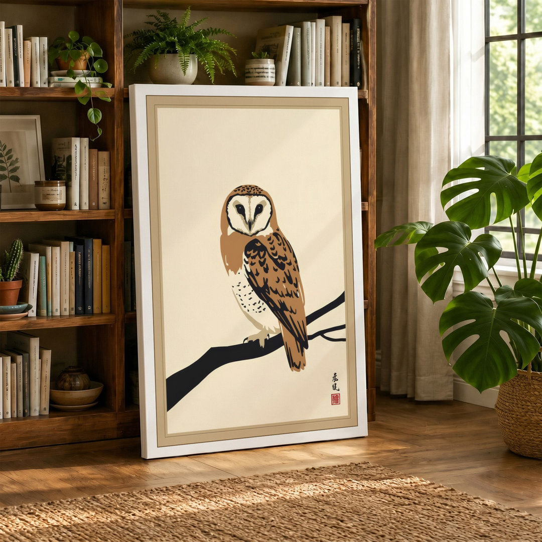 Watchful Barn Owl Japandi - Wrapped Canvas