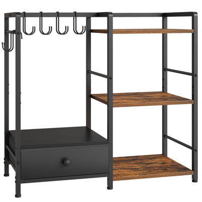 3-Tier Handbag Storage Stand with Hooks & Drawer, Large Capacity Bag Organizer,Black + Rustic Brown