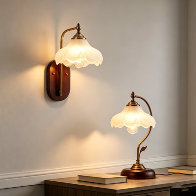 Applique murale + lampe de bureau avec abat-jour en verre floral, base E26, finition cuivre chaud et métal rétro, pour le couloir du salon