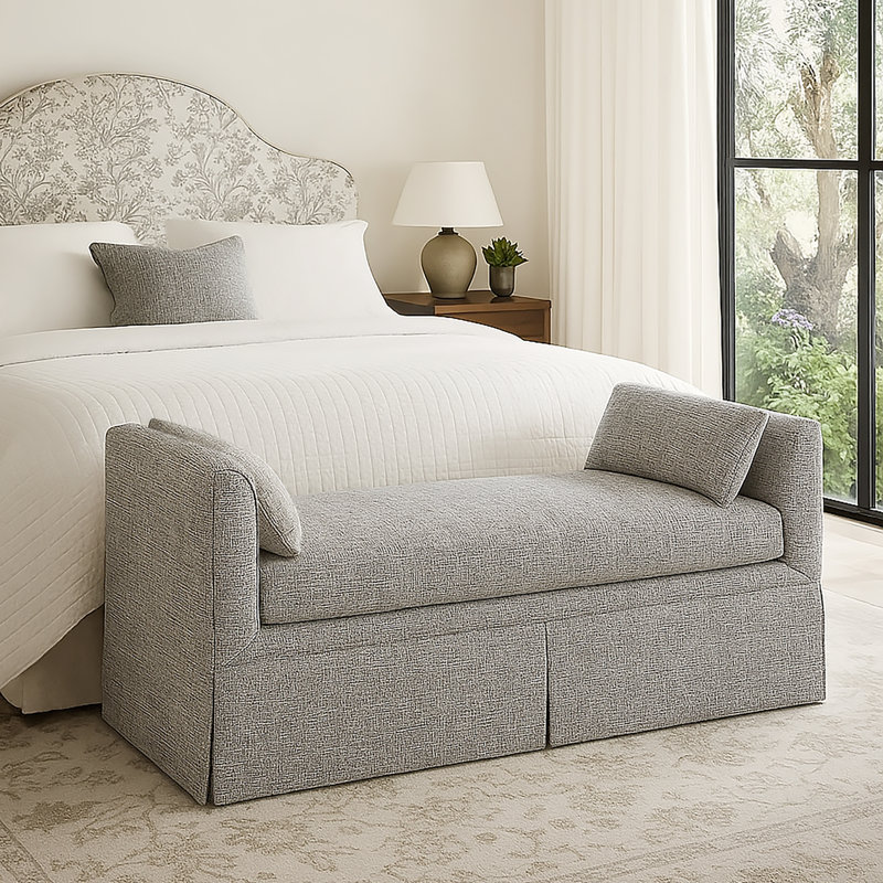 Laurent 55 inch Skirted Storage Bench - Textured  Performance Fabric, Gray